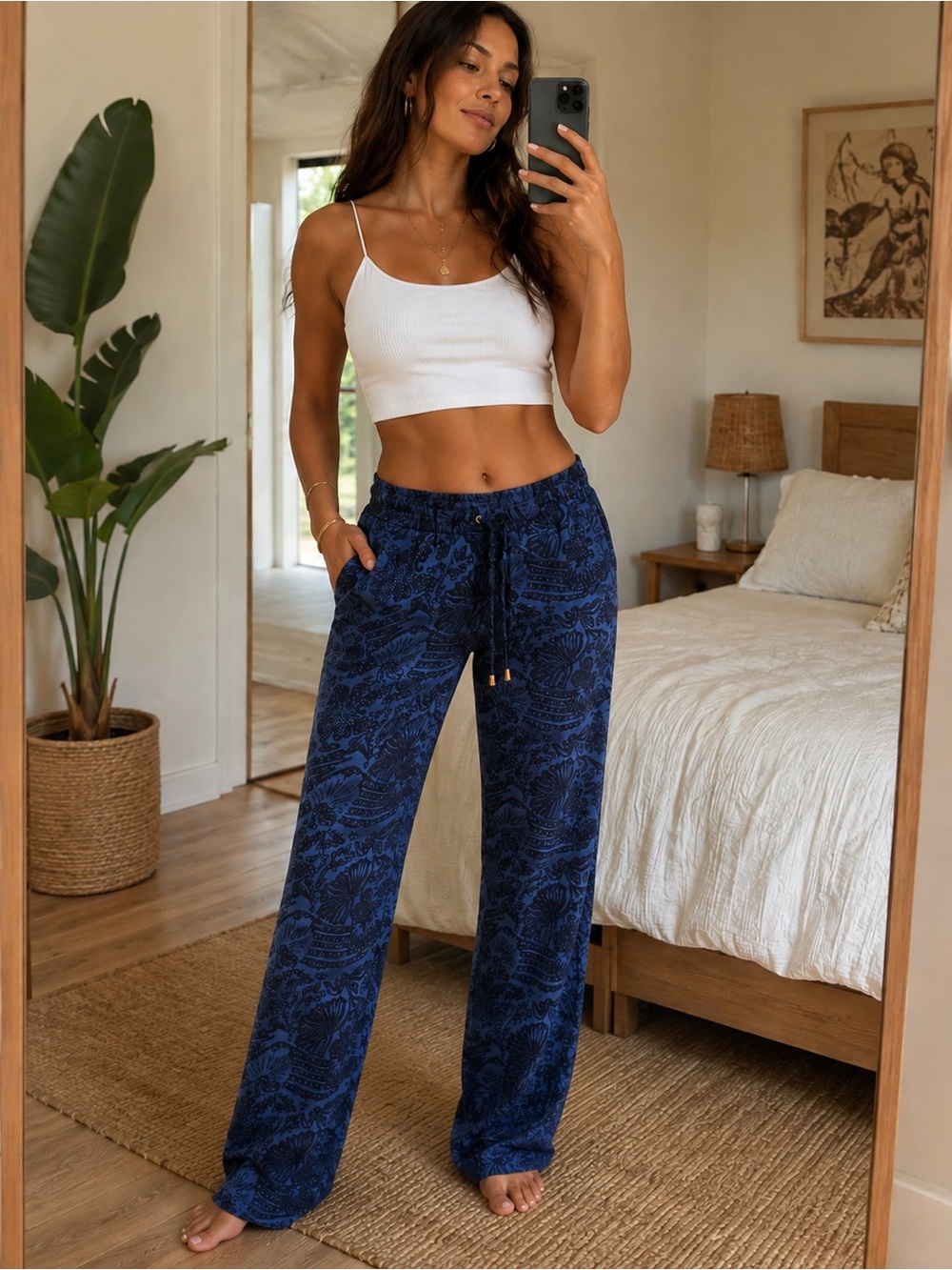 H&M Blue Floral Wide Leg Viscose Pants Drawstring NWT Size 8
